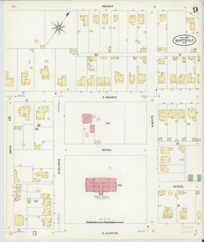 Sanborn Fire Insurance Map from Huntsville, Madison County, Alabama (1908), Sheet #0009 - Complete Map Set gallery image, historic Sanborn map, vintage wall art, Alabama Alabama