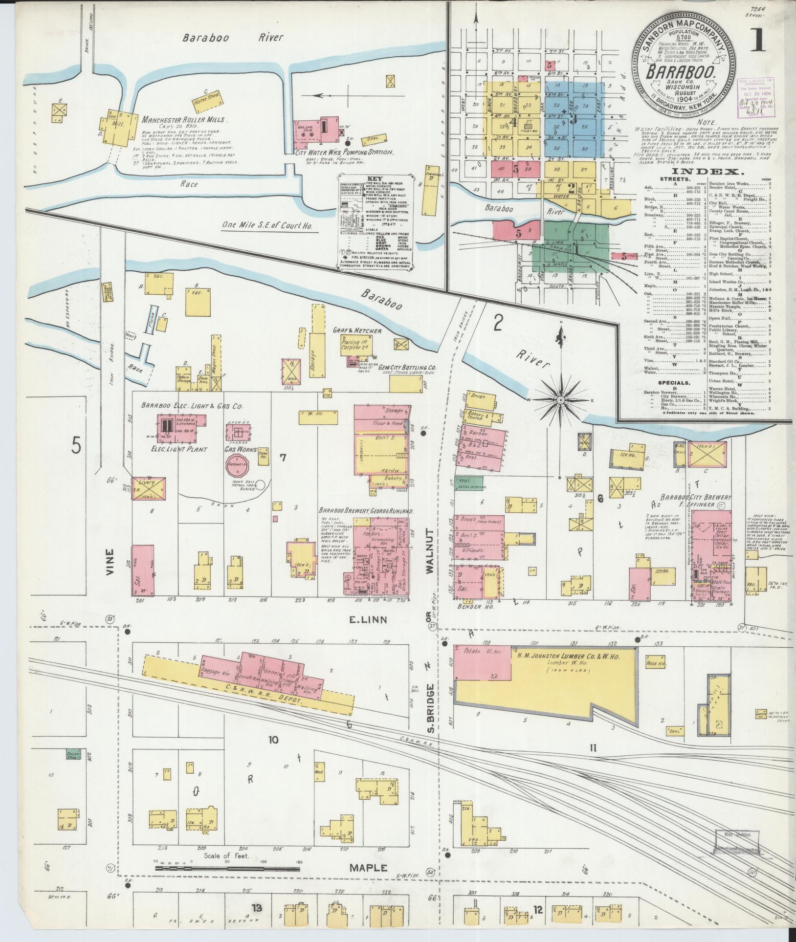 Sanborn Fire Insurance Map from Baraboo, Sauk County, Wisconsin (1904), Sheet #0001 - Historic Sanborn Fire Insurance Map Print, vintage old map wall art, antique decor, genealogy gift, Wisconsin Wisconsin map
