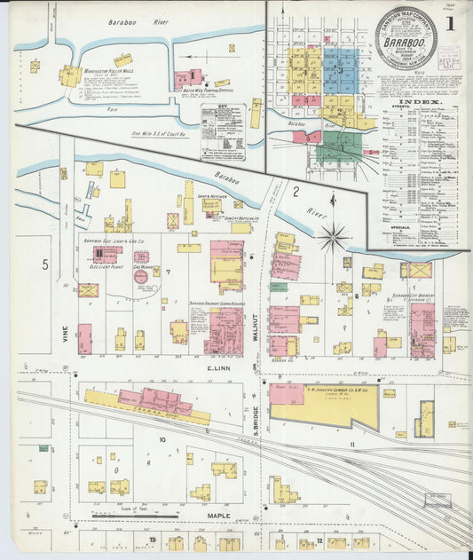 Sanborn Fire Insurance Map from Baraboo, Sauk County, Wisconsin (1904), Sheet #0001 - Historic Sanborn Fire Insurance Map Print, vintage old map wall art, antique decor, genealogy gift, Wisconsin Wisconsin map