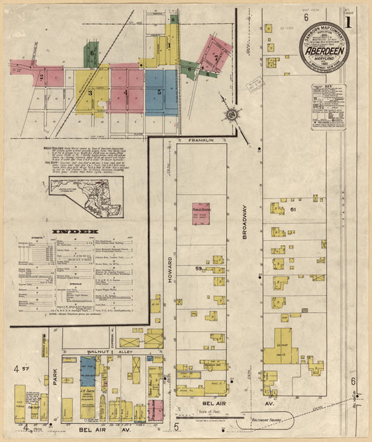 Sanborn Fire Insurance Map from Aberdeen, Harford County, Maryland (1920), Sheet #0001 - Historic Sanborn Fire Insurance Map Print, vintage old map wall art, antique decor, genealogy gift, Maryland Maryland map
