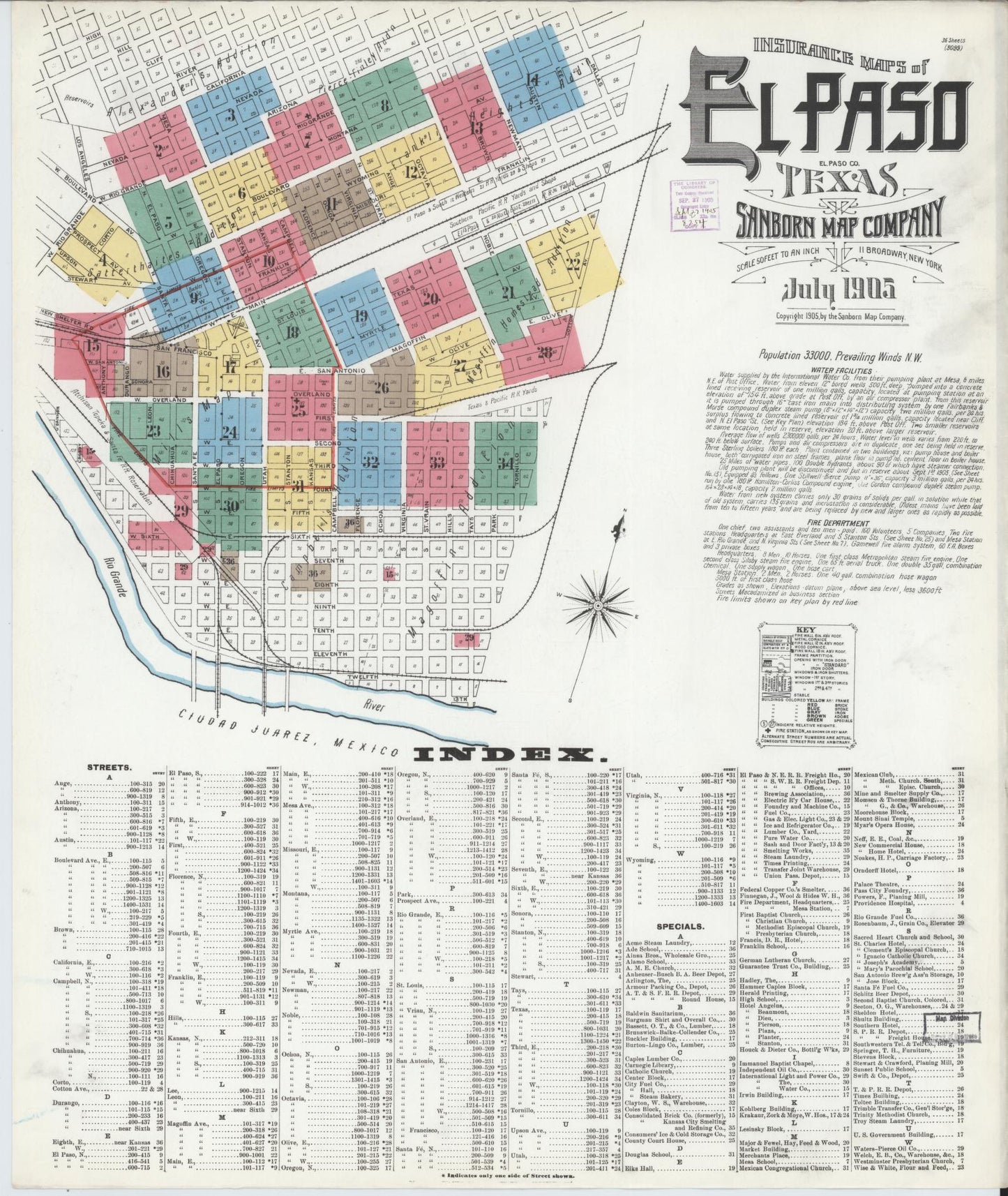 Sanborn Fire Insurance Map from El Paso, El Paso County, Texas (1905), Sheet #0001 - Complete Map Set gallery image, historic Sanborn map, vintage wall art, Texas Texas