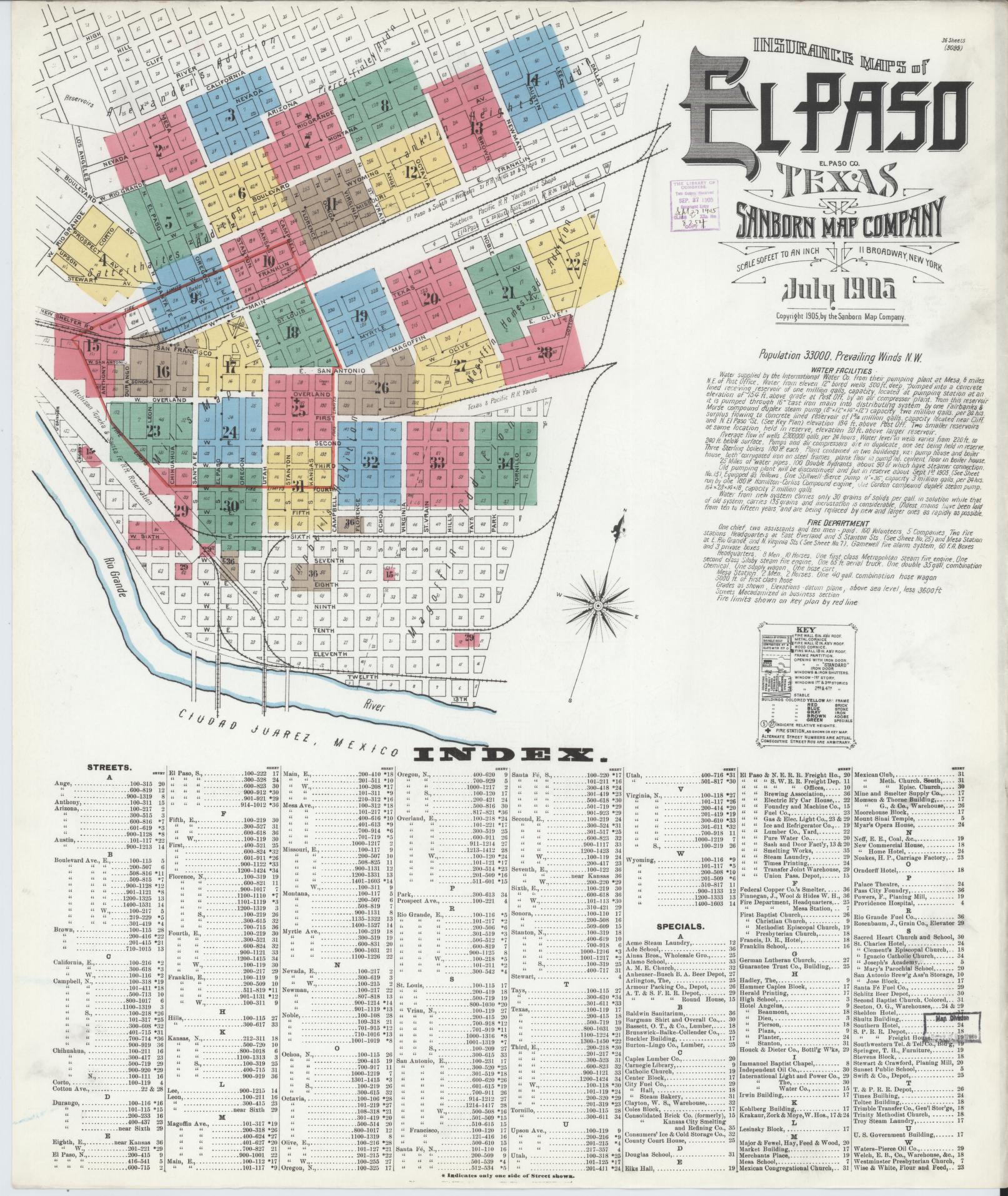 Sanborn Fire Insurance Map from El Paso, El Paso County, Texas (1905), Sheet #0001 - Complete Map Set gallery image, historic Sanborn map, vintage wall art, Texas Texas