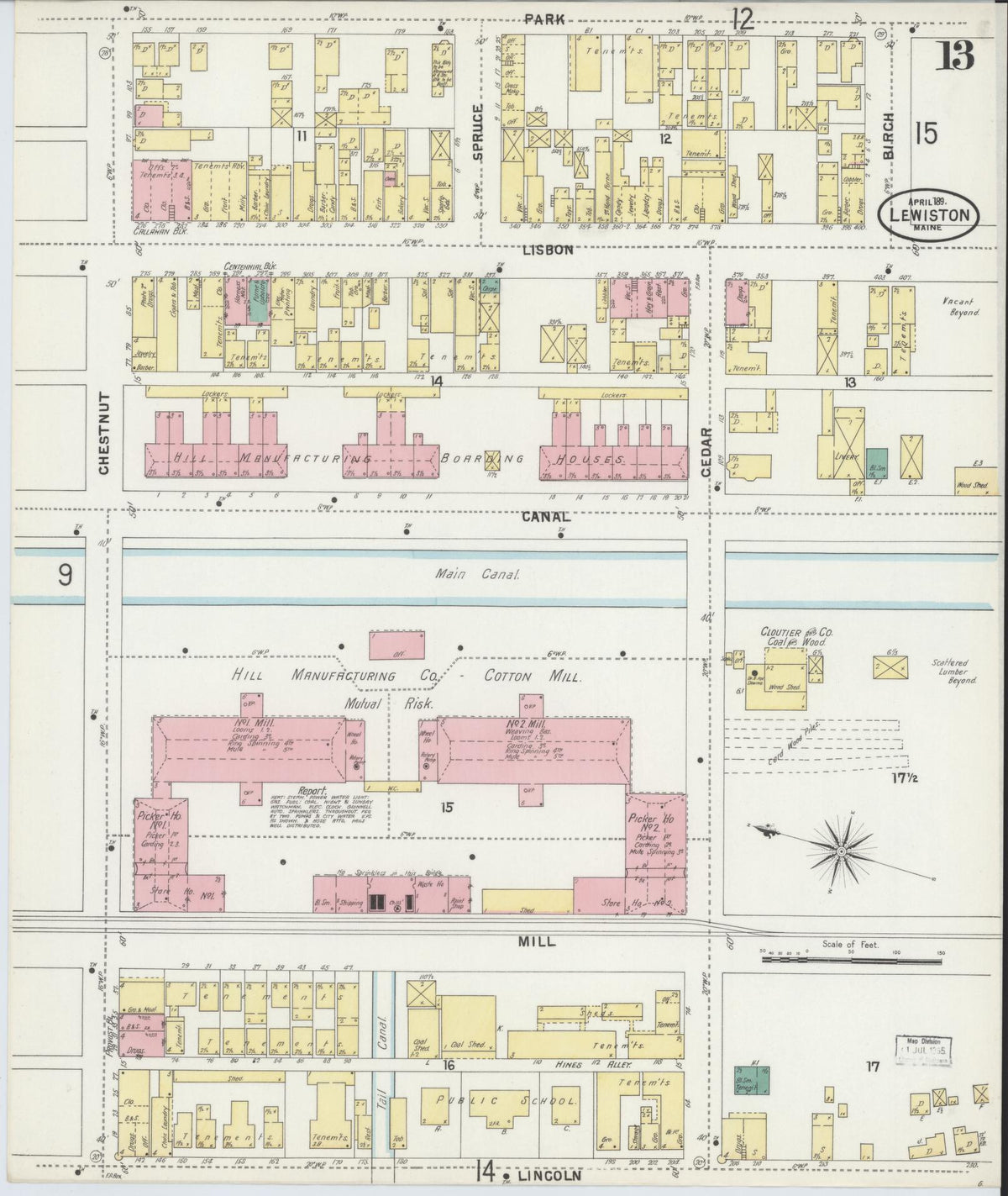 Sanborn Fire Insurance Map from Lewiston, Androscoggin County, Maine (1897), Sheet #0013 - Complete Map Set gallery image, historic Sanborn map, vintage wall art, Maine Maine