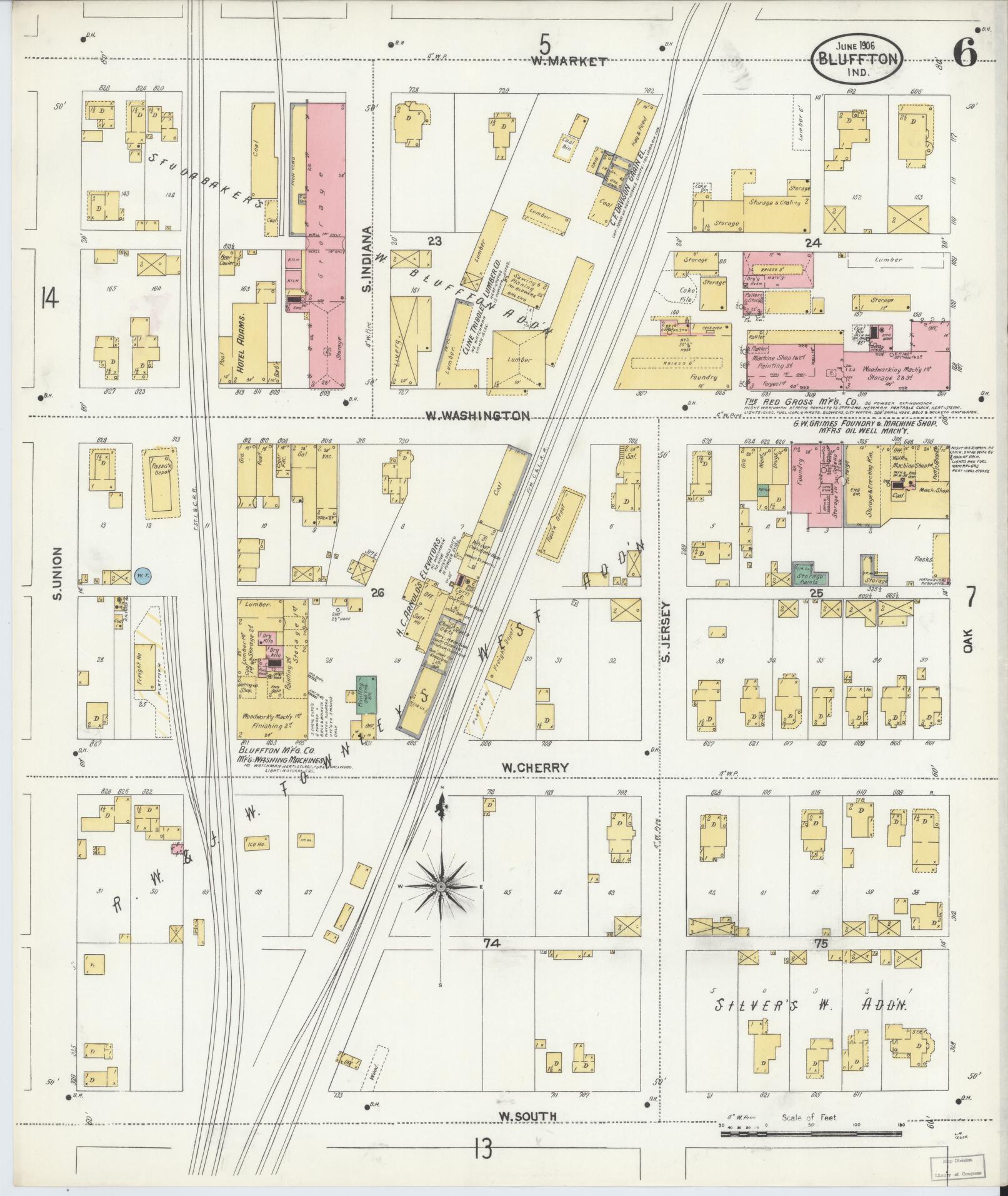 Sanborn Fire Insurance Map from Bluffton, Wells County, Indiana (1906), Sheet #0006 - Historic Sanborn Fire Insurance Map Print, vintage old map wall art, antique decor, genealogy gift, Indiana Indiana map