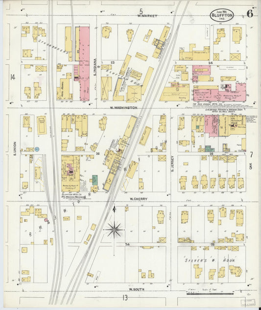 Sanborn Fire Insurance Map from Bluffton, Wells County, Indiana (1906), Sheet #0006 - Historic Sanborn Fire Insurance Map Print, vintage old map wall art, antique decor, genealogy gift, Indiana Indiana map