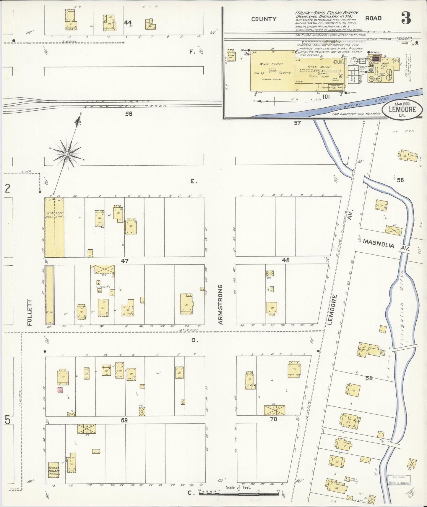 Sanborn Fire Insurance Map from Lemoore, Kings County, California (1909), Sheet #0003 - Complete Map Set gallery image, historic Sanborn map, vintage wall art, California California