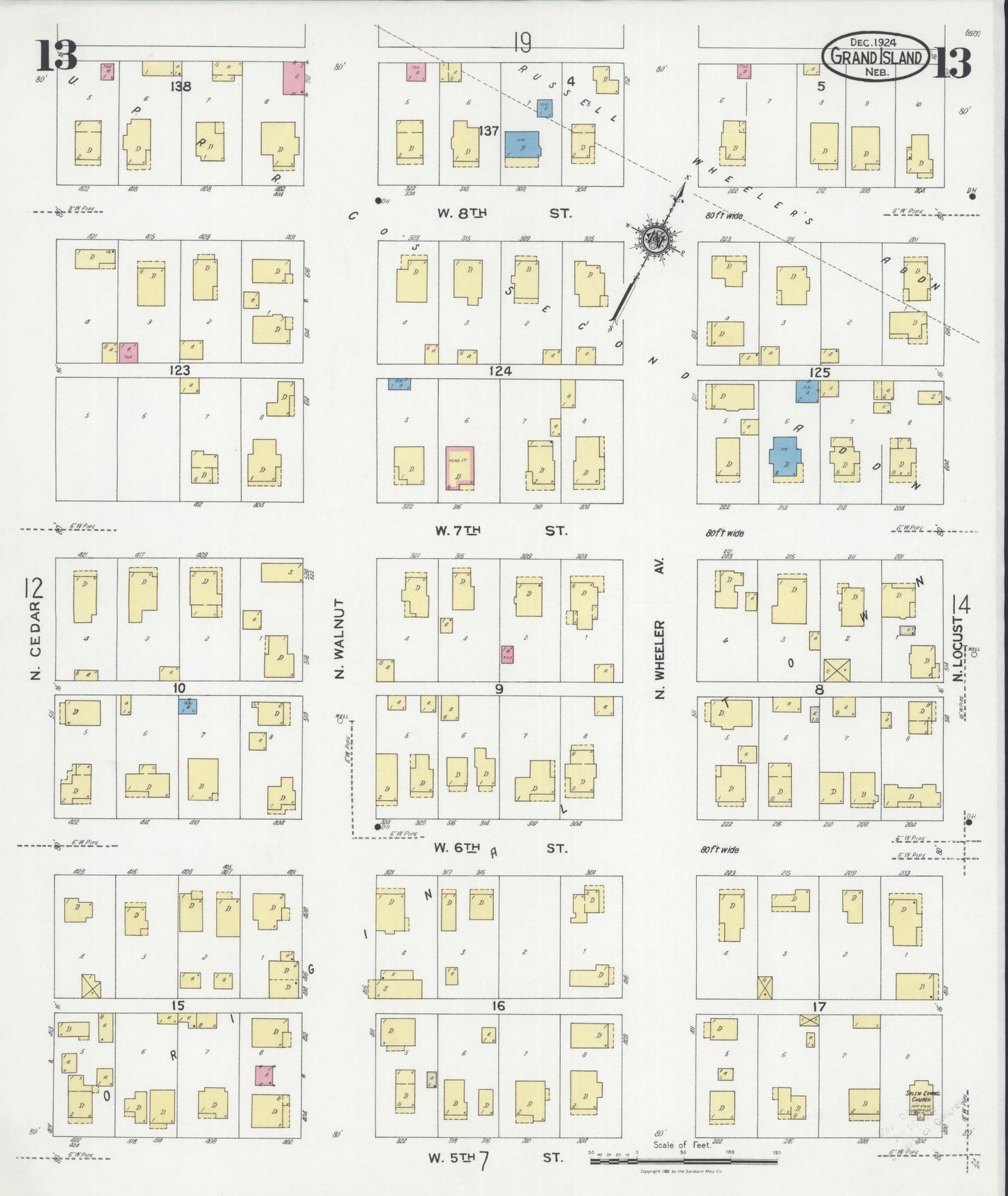 Sanborn Fire Insurance Map from Grand Island, Hall County, Nebraska (1924), Sheet #0013 - Historic Sanborn Fire Insurance Map Print, vintage old map wall art, antique decor, genealogy gift, Nebraska Nebraska map