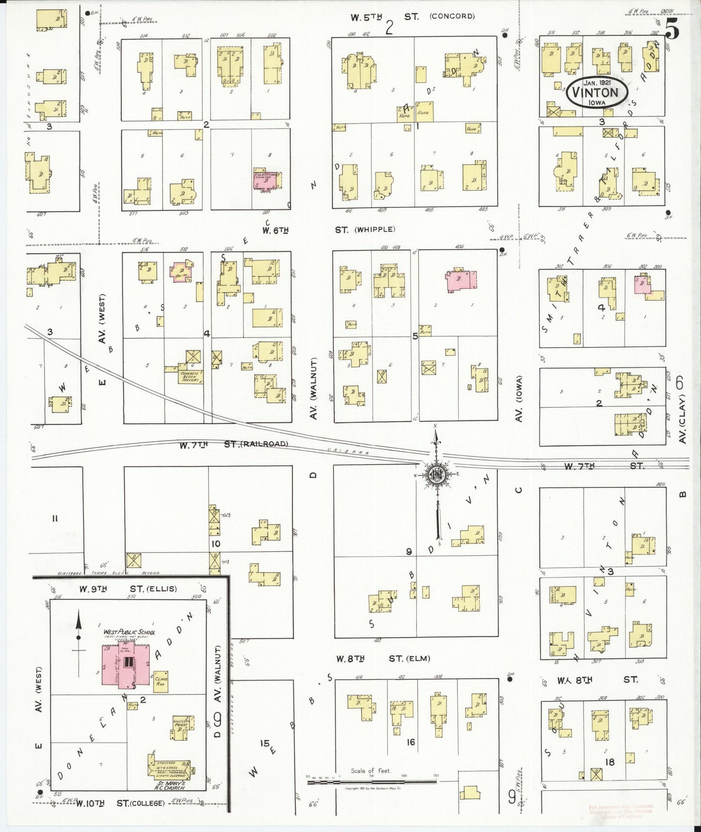 Sanborn Fire Insurance Map from Vinton, Benton County, Iowa (1921), Sheet #0005 - Historic Sanborn Fire Insurance Map Print, vintage old map wall art