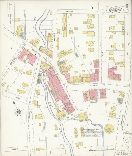 Sanborn Fire Insurance Map from Ashland, Jackson County, Oregon (1907), Sheet #0008 - Historic Sanborn Fire Insurance Map Print, vintage old map wall art, antique decor, genealogy gift, Oregon Oregon map