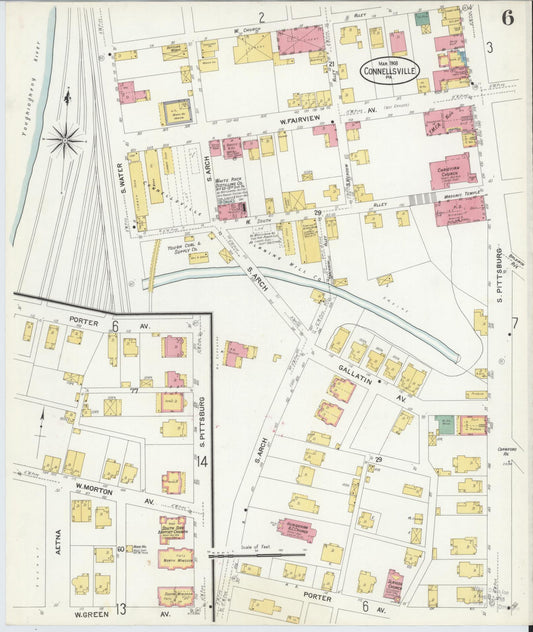 Sanborn Fire Insurance Map from Connellsville, Fayette County, Pennsylvania (1908), Sheet #0006 - Historic Sanborn Fire Insurance Map Print, vintage old map wall art, antique decor, genealogy gift, Pennsylvania Pennsylvania map