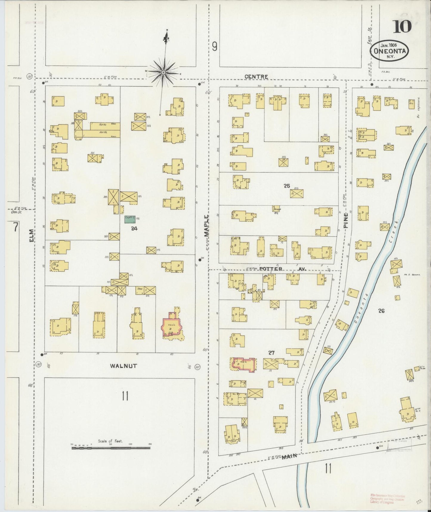 Sanborn Fire Insurance Map from Oneonta, Otsego County, New York (1905), Sheet #0010 - Historic Sanborn Fire Insurance Map Print, vintage old map wall art, antique decor, genealogy gift, New York New York map