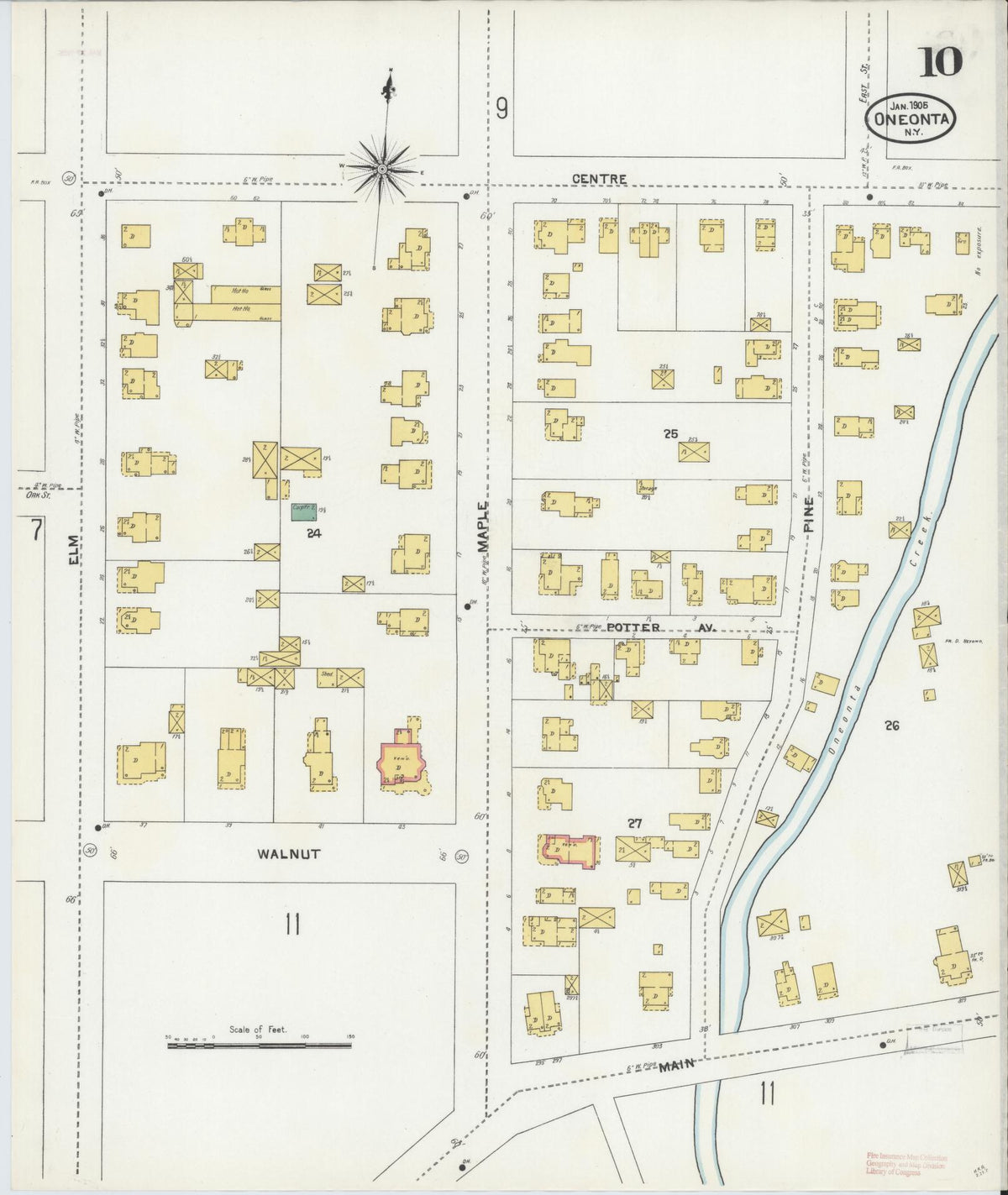 Sanborn Fire Insurance Map from Oneonta, Otsego County, New York (1905), Sheet #0010 - Historic Sanborn Fire Insurance Map Print, vintage old map wall art, antique decor, genealogy gift, New York New York map