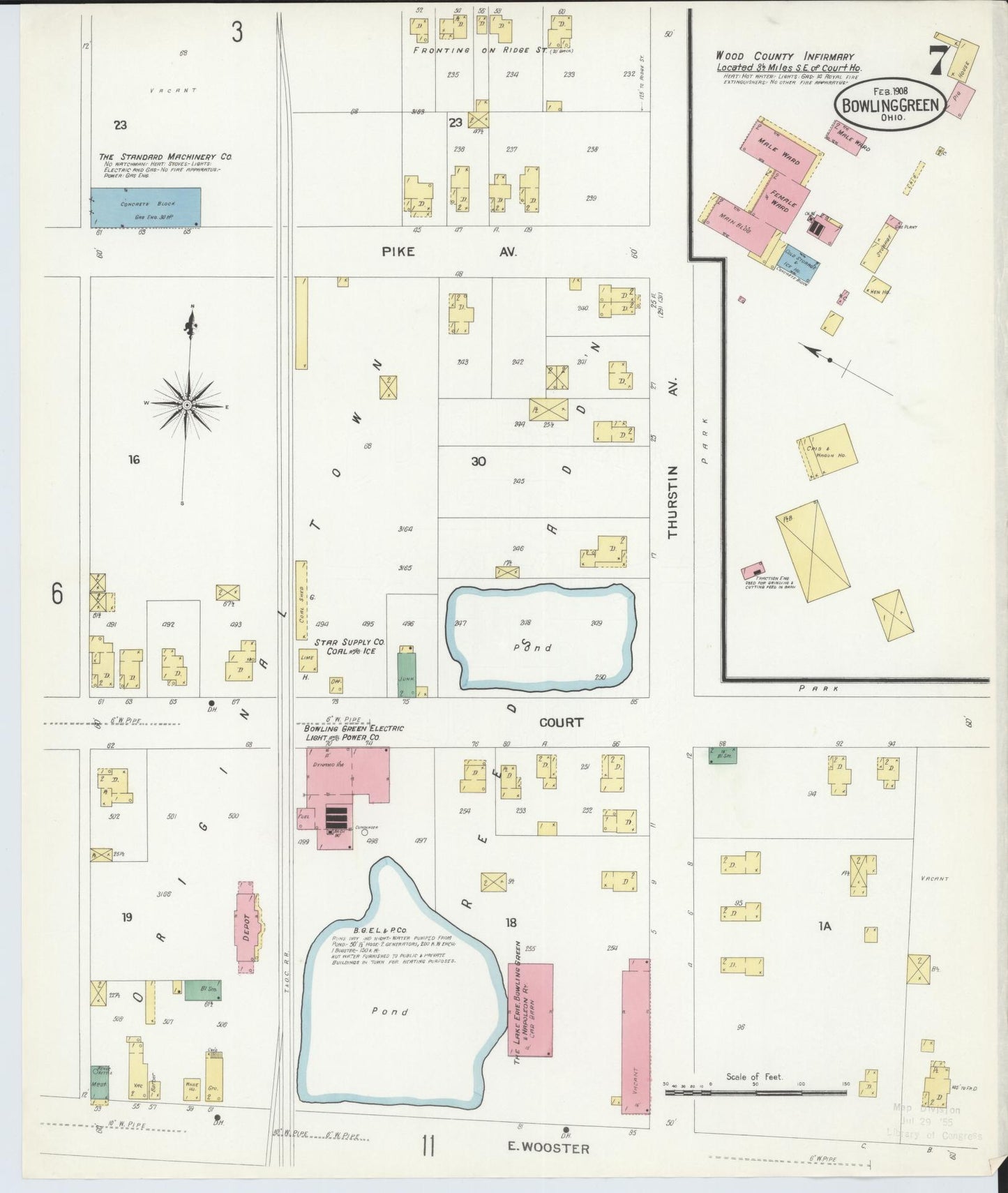 Sanborn Fire Insurance Map from Bowling Green, Wood County, Ohio (1908), Sheet #0007 - Historic Sanborn Fire Insurance Map Print, vintage old map wall art, antique decor, genealogy gift, Ohio Ohio map