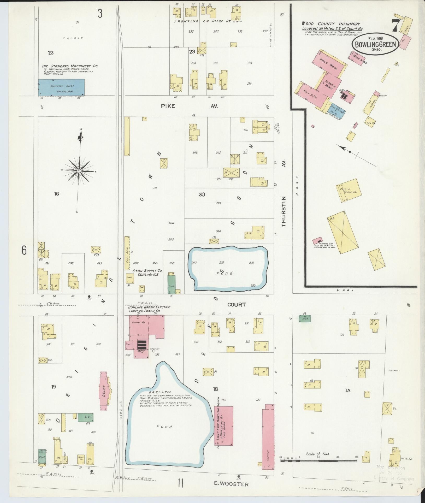 Sanborn Fire Insurance Map from Bowling Green, Wood County, Ohio (1908), Sheet #0007 - Historic Sanborn Fire Insurance Map Print, vintage old map wall art, antique decor, genealogy gift, Ohio Ohio map