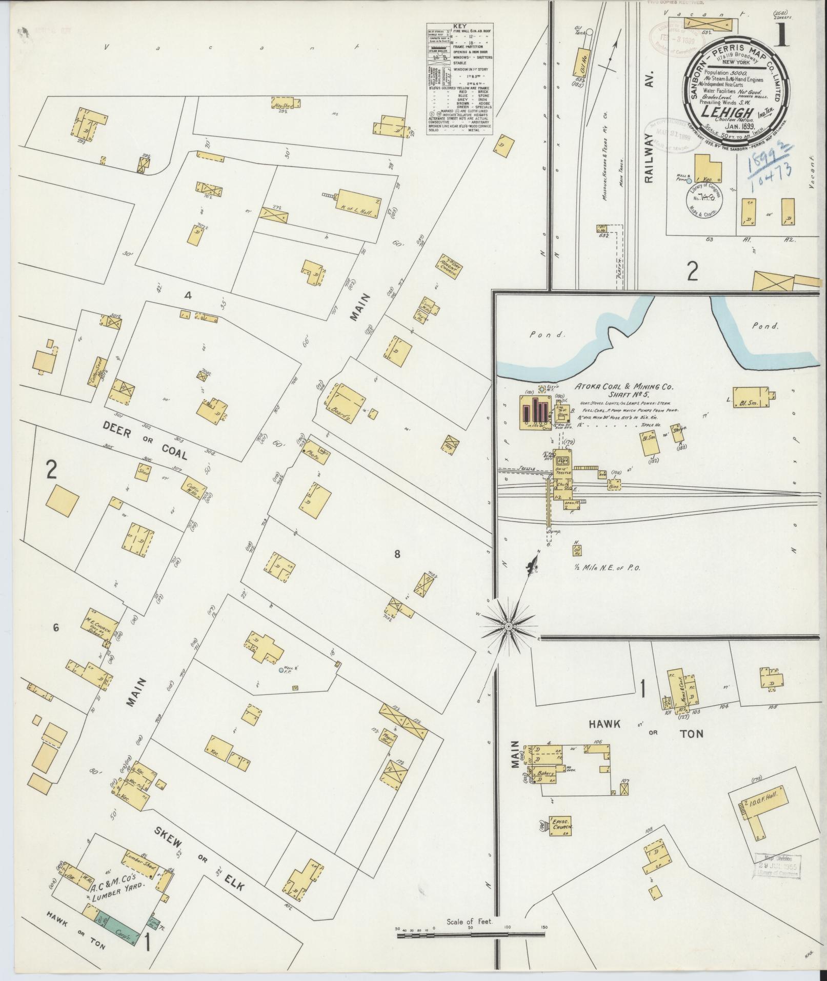 Sanborn Fire Insurance Map from Lehigh, Coal County, Oklahoma (1899), Sheet #0001 - Historic Sanborn Fire Insurance Map Print, vintage old map wall art, antique decor, genealogy gift, Oklahoma Oklahoma map