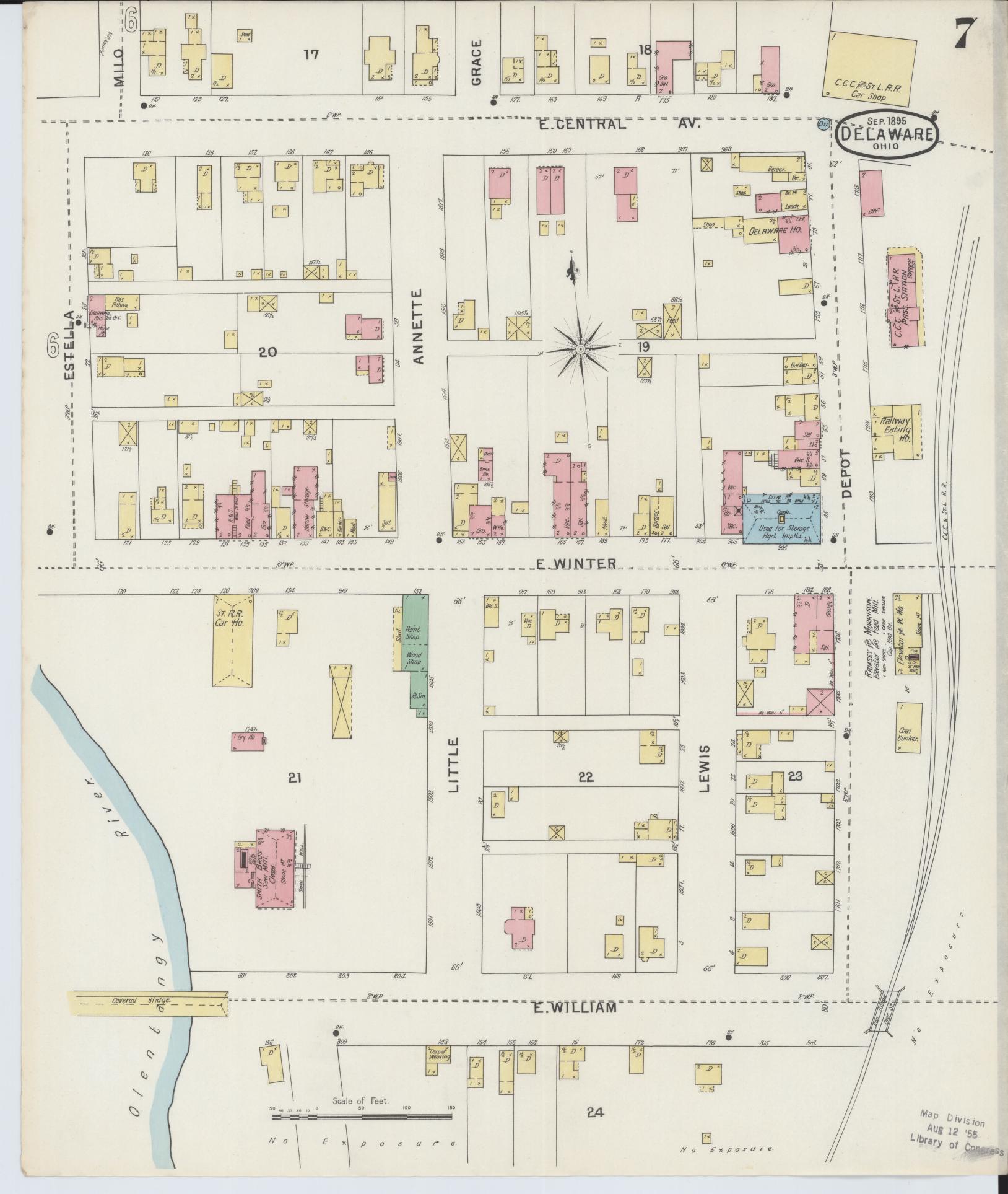 Sanborn Fire Insurance Map from Delaware, Delaware County, Ohio (1895), Sheet #0007 - Historic Sanborn Fire Insurance Map Print, vintage old map wall art, antique decor, genealogy gift, Sanborn Fire Insurance Map from Delaware Delaware map