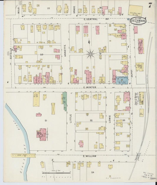 Sanborn Fire Insurance Map from Delaware, Delaware County, Ohio (1895), Sheet #0007 - Historic Sanborn Fire Insurance Map Print, vintage old map wall art, antique decor, genealogy gift, Sanborn Fire Insurance Map from Delaware Delaware map