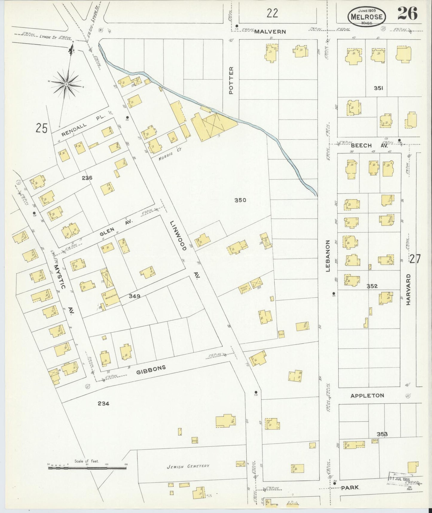 Sanborn Fire Insurance Map from Melrose, Middlesex County, Massachusetts (1909), Sheet #0026 - Complete Map Set gallery image, historic Sanborn map, vintage wall art, Massachusetts Massachusetts