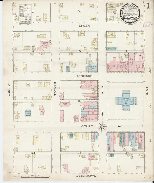 Sanborn Fire Insurance Map from Winterset, Madison County, Iowa (1886), Sheet #0001 - Historic Sanborn Fire Insurance Map Print, vintage old map wall art