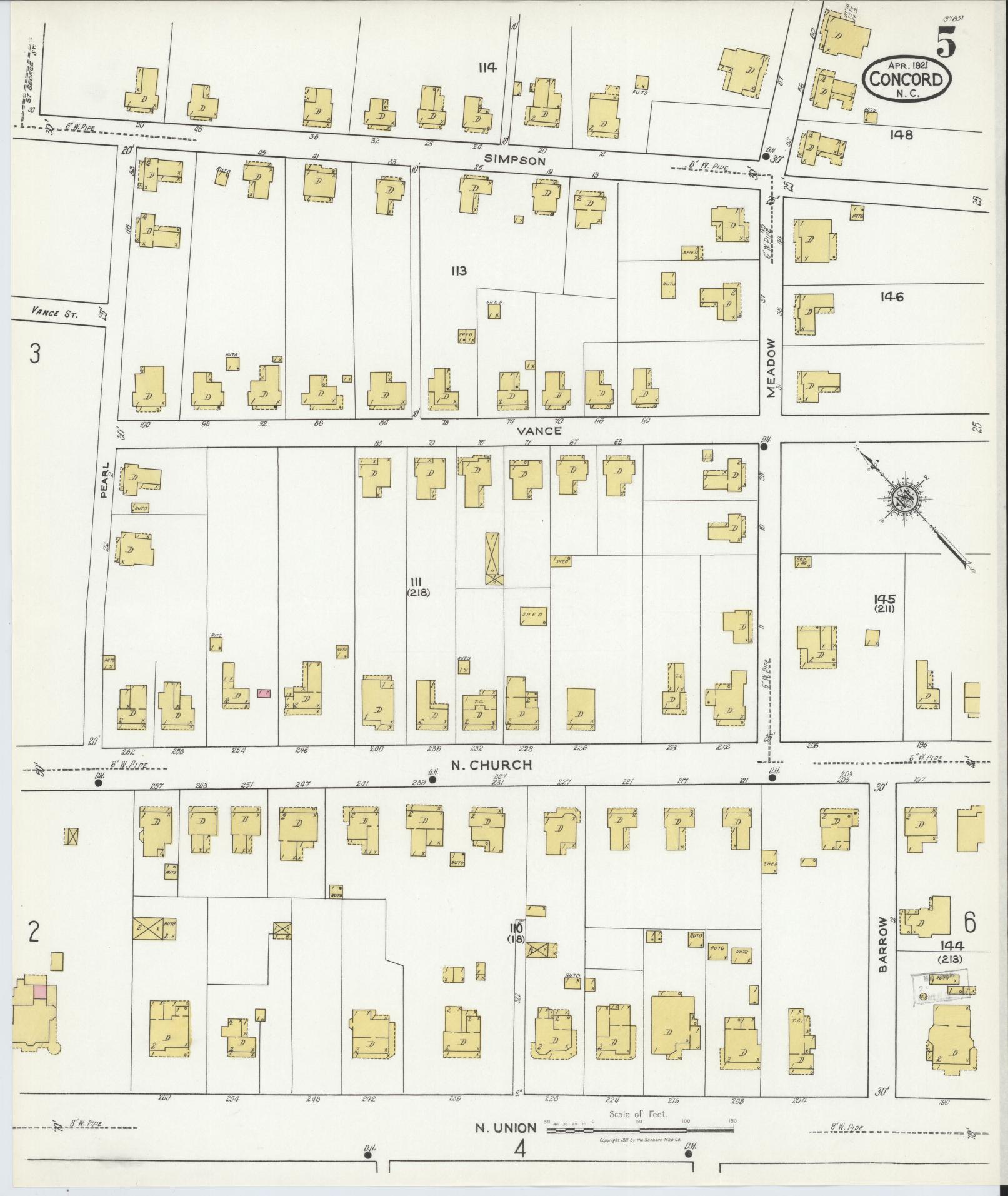 Sanborn Fire Insurance Map from Concord, Cabarrus County, North Carolina (1921), Sheet #0005 - Complete Map Set gallery image, historic Sanborn map, vintage wall art, North Carolina North Carolina