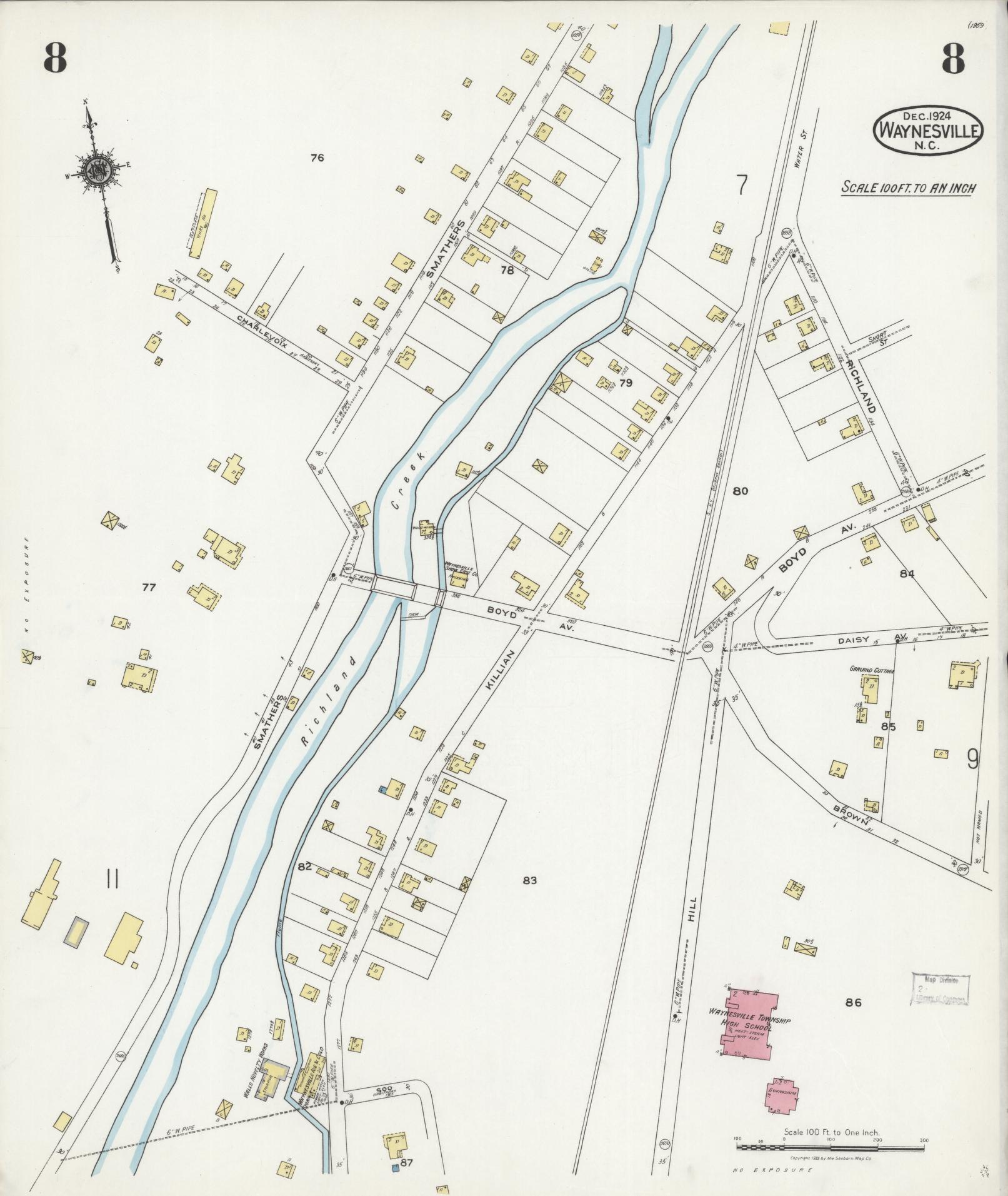 Sanborn Fire Insurance Map from Waynesville, Haywood County, North Carolina (1924), Sheet #0008 - Complete Map Set gallery image, historic Sanborn map, vintage wall art, North Carolina North Carolina