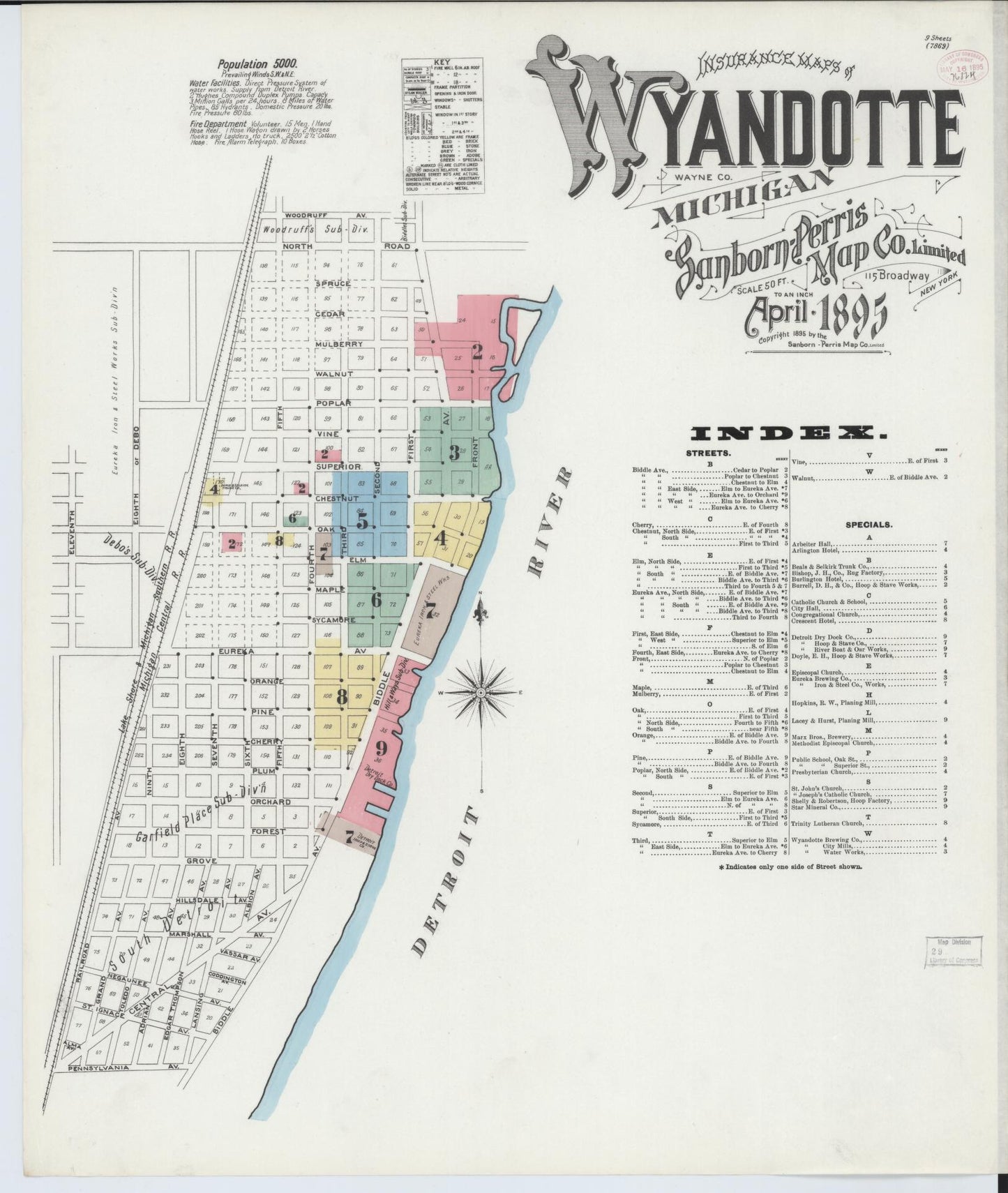 Sanborn Fire Insurance Map from Wyandotte, Wayne County, Michigan (1895), Sheet #0001 - Historic Sanborn Fire Insurance Map Print, vintage old map wall art, antique decor, genealogy gift, Michigan Michigan map
