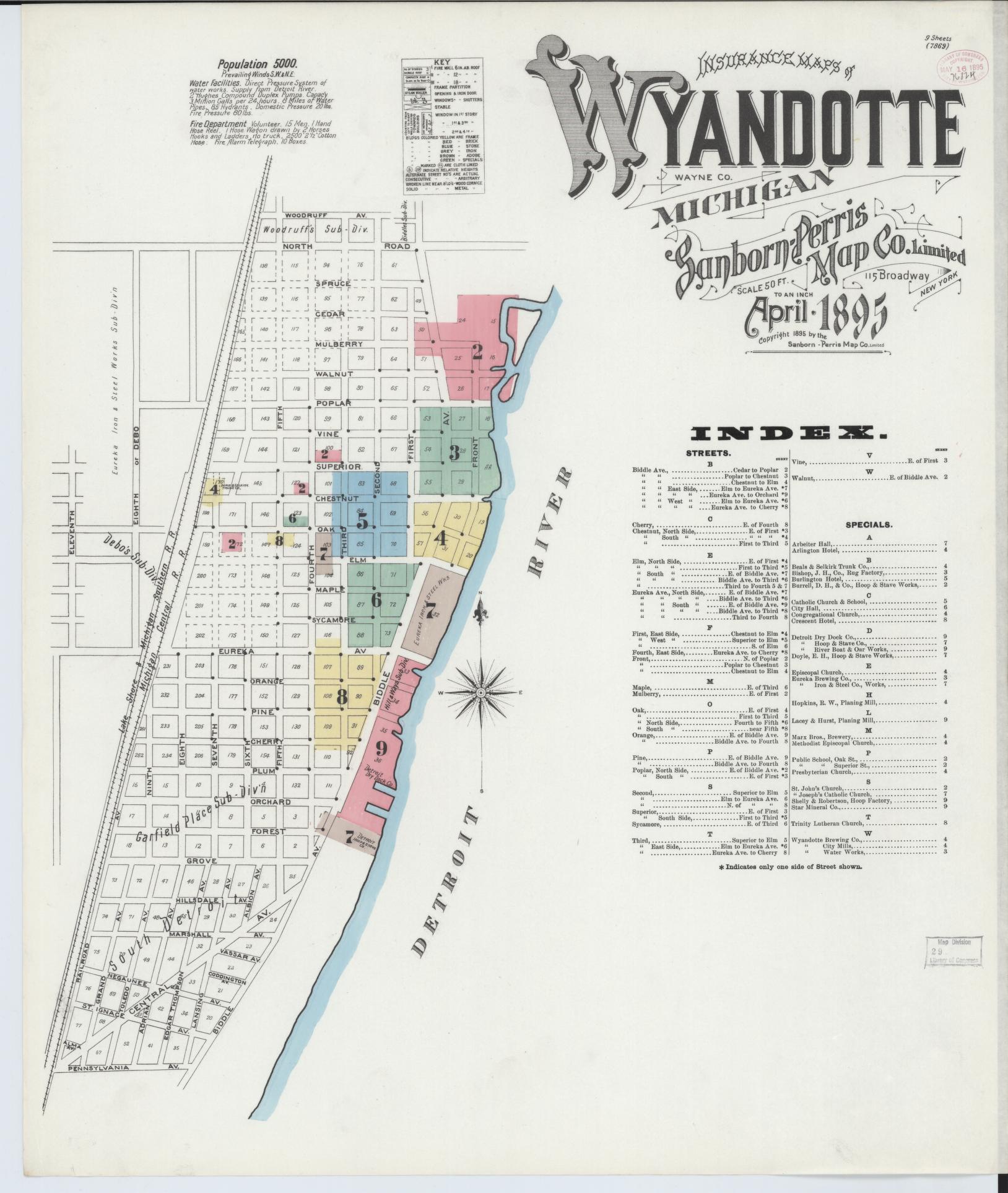 Sanborn Fire Insurance Map from Wyandotte, Wayne County, Michigan (1895), Sheet #0001 - Historic Sanborn Fire Insurance Map Print, vintage old map wall art, antique decor, genealogy gift, Michigan Michigan map