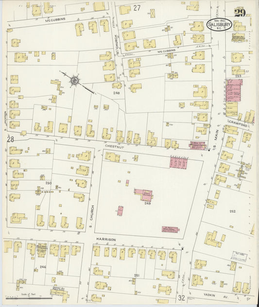 Sanborn Fire Insurance Map from Salisbury, Rowan County, North Carolina (1913), Sheet #0029 - Historic Sanborn Fire Insurance Map Print, vintage old map wall art, antique decor, genealogy gift, North Carolina North Carolina map