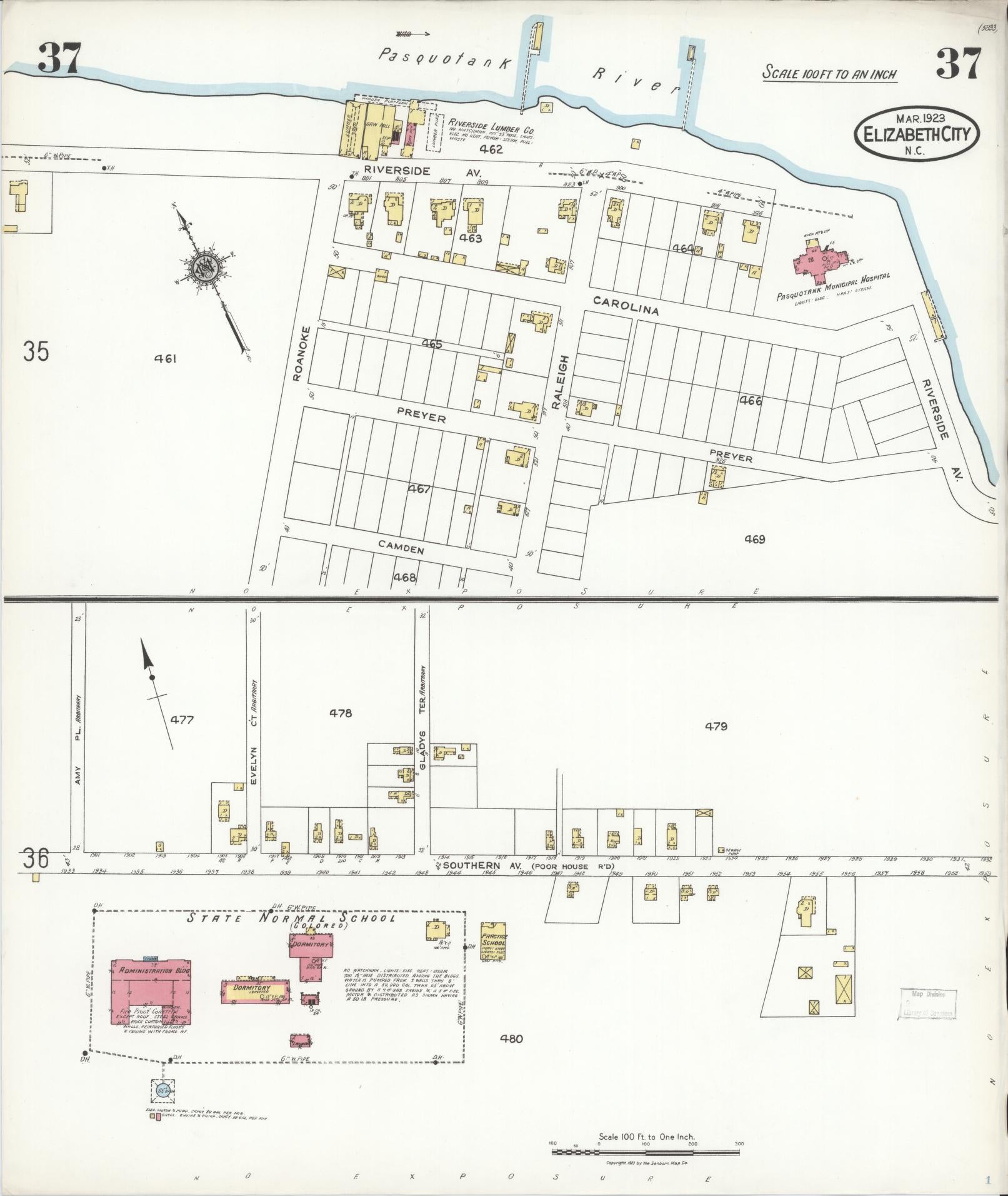 Sanborn Fire Insurance Map from Elizabeth City, Pasquotank County, North Carolina (1923), Sheet #0037 - Historic Sanborn Fire Insurance Map Print, vintage old map wall art, antique decor, genealogy gift, North Carolina North Carolina map