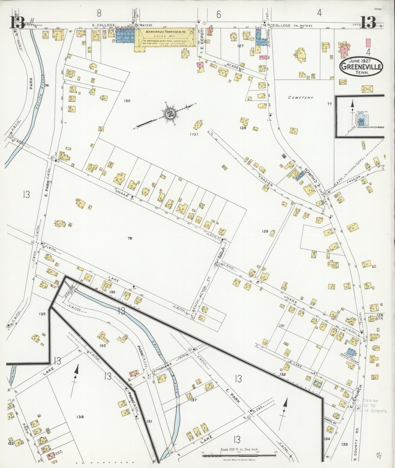 Sanborn Fire Insurance Map from Greeneville, Greene County, Tennessee (1927), Sheet #0013 - Complete Map Set gallery image, historic Sanborn map, vintage wall art, Tennessee Tennessee