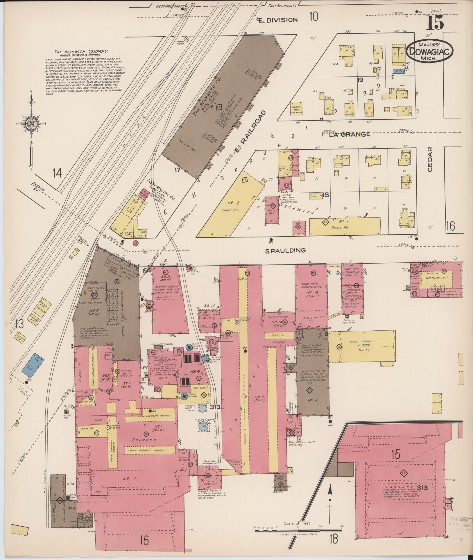 Sanborn Fire Insurance Map from Dowagiac, Cass County, Michigan (1922), Sheet #0015 - Historic Sanborn Fire Insurance Map Print, vintage old map wall art, antique decor, genealogy gift, Michigan Michigan map