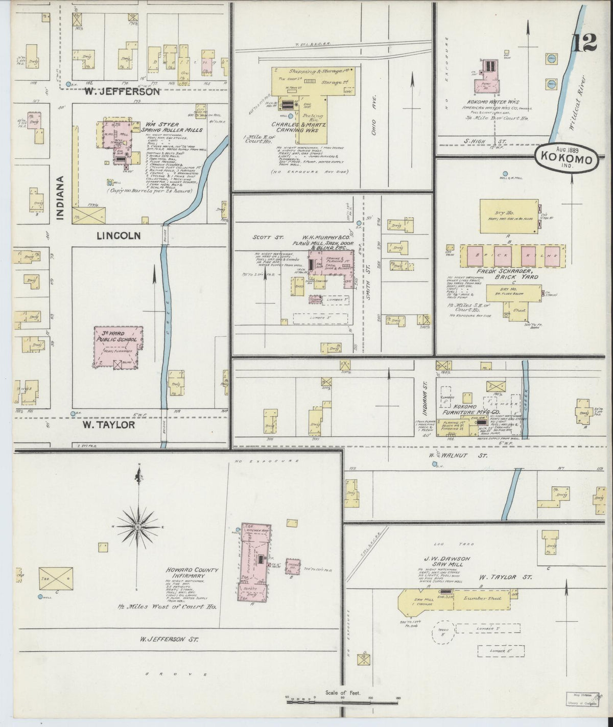 Sanborn Fire Insurance Map from Kokomo, Howard County, Indiana (1889), Sheet #0012 - Historic Sanborn Fire Insurance Map Print, vintage old map wall art, antique decor, genealogy gift, Indiana Indiana map