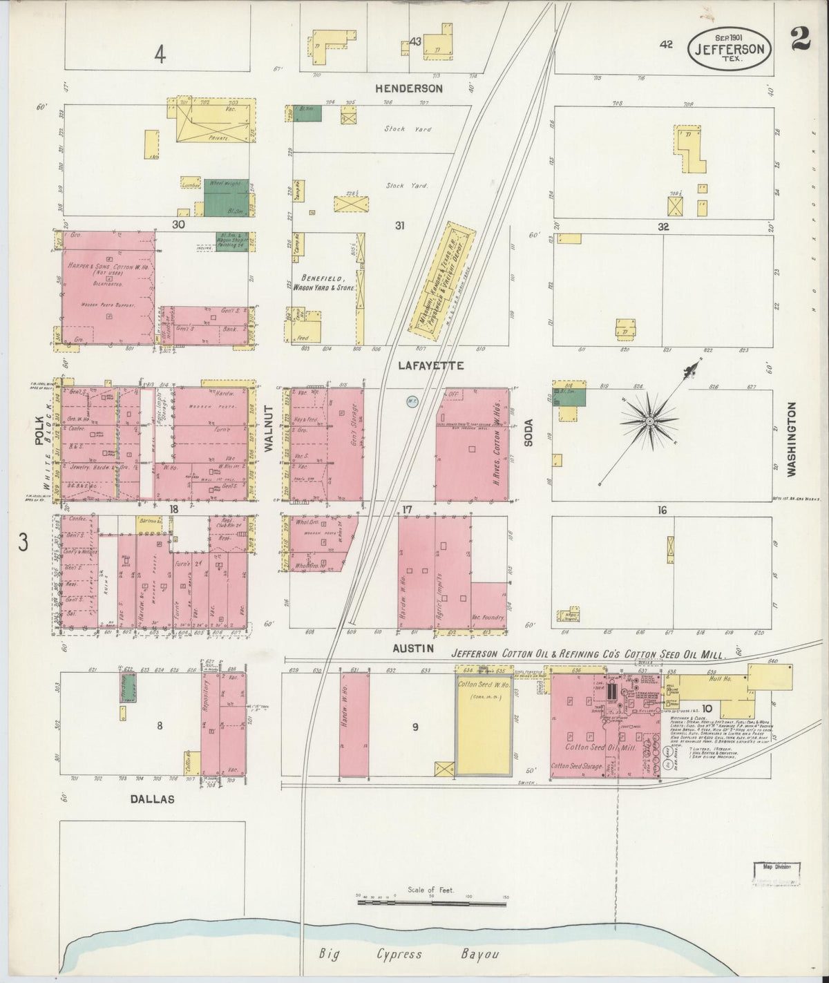 Sanborn Fire Insurance Map from Jefferson, Marion County, Texas (1901), Sheet #0002 - Historic Sanborn Fire Insurance Map Print, vintage old map wall art, antique decor, genealogy gift, Texas Texas map