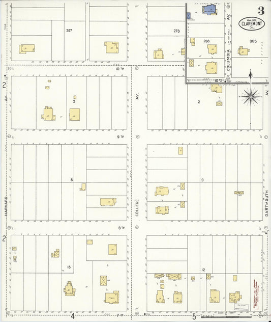 Sanborn Fire Insurance Map from Claremont, Los Angeles County, California (1909), Sheet #0003 - Historic Sanborn Fire Insurance Map Print, vintage old map wall art, antique decor, genealogy gift, California California map