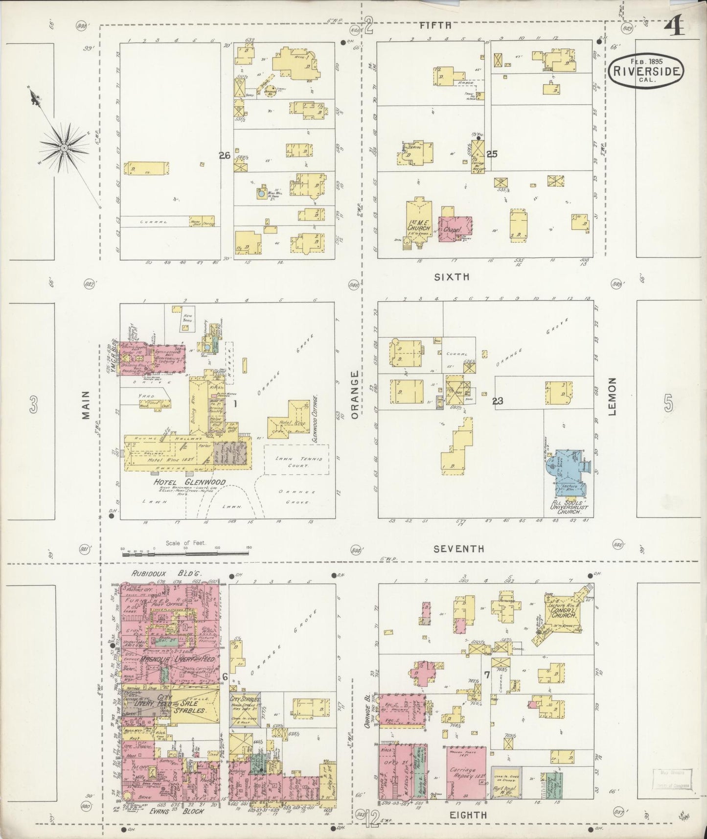 Sanborn Fire Insurance Map from Riverside, Riverside County, California (1895), Sheet #0004 - Complete Map Set gallery image, historic Sanborn map, vintage wall art, California California