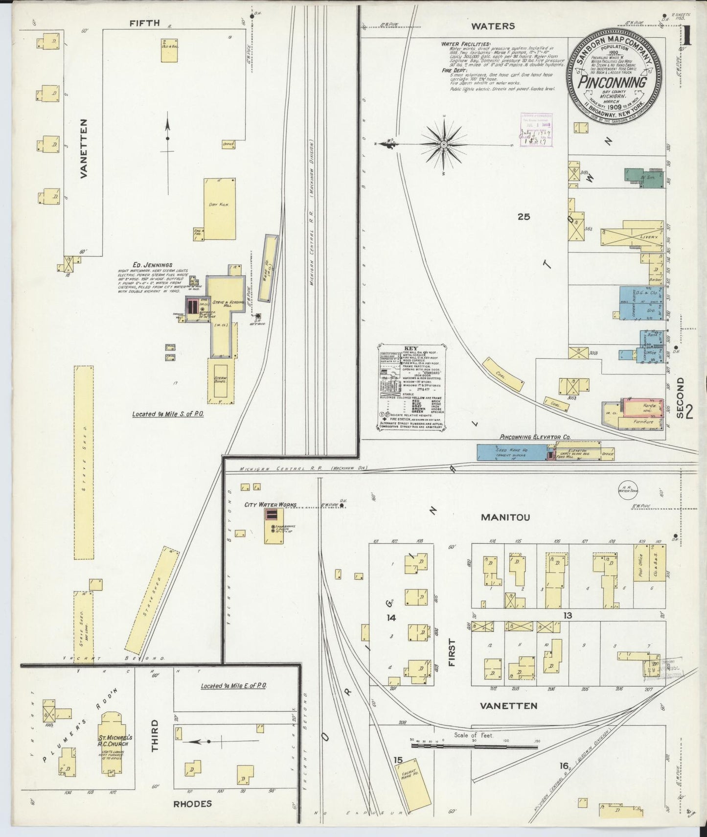 Sanborn Fire Insurance Map from Pinconning, Bay County, Michigan (1909), Sheet #0001 - Complete Map Set gallery image, historic Sanborn map, vintage wall art, Michigan Michigan
