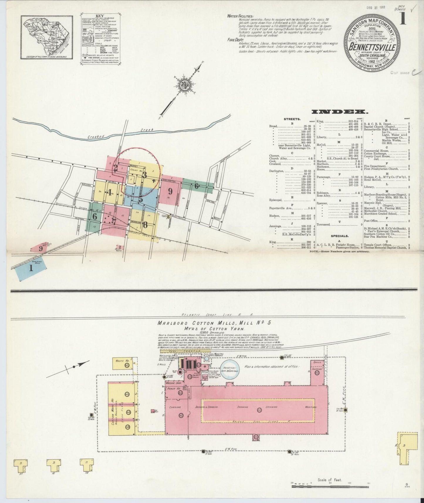Sanborn Fire Insurance Map from Bennettsville, Marlboro County, South Carolina (1912), Sheet #0001 - Complete Map Set gallery image, historic Sanborn map, vintage wall art, South Carolina South Carolina