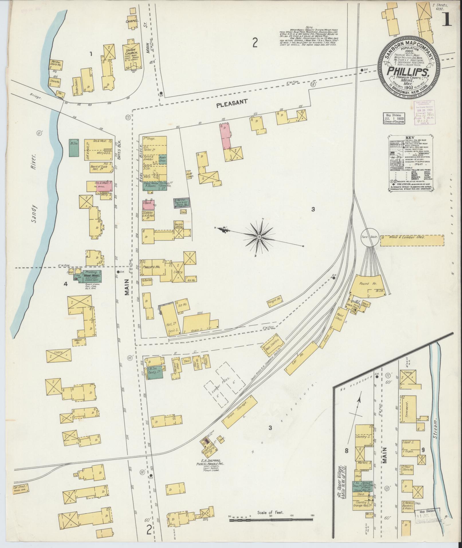 Sanborn Fire Insurance Map from Phillips, Franklin County, Maine (1903), Sheet #0001 - Complete Map Set gallery image, historic Sanborn map, vintage wall art, Maine Maine
