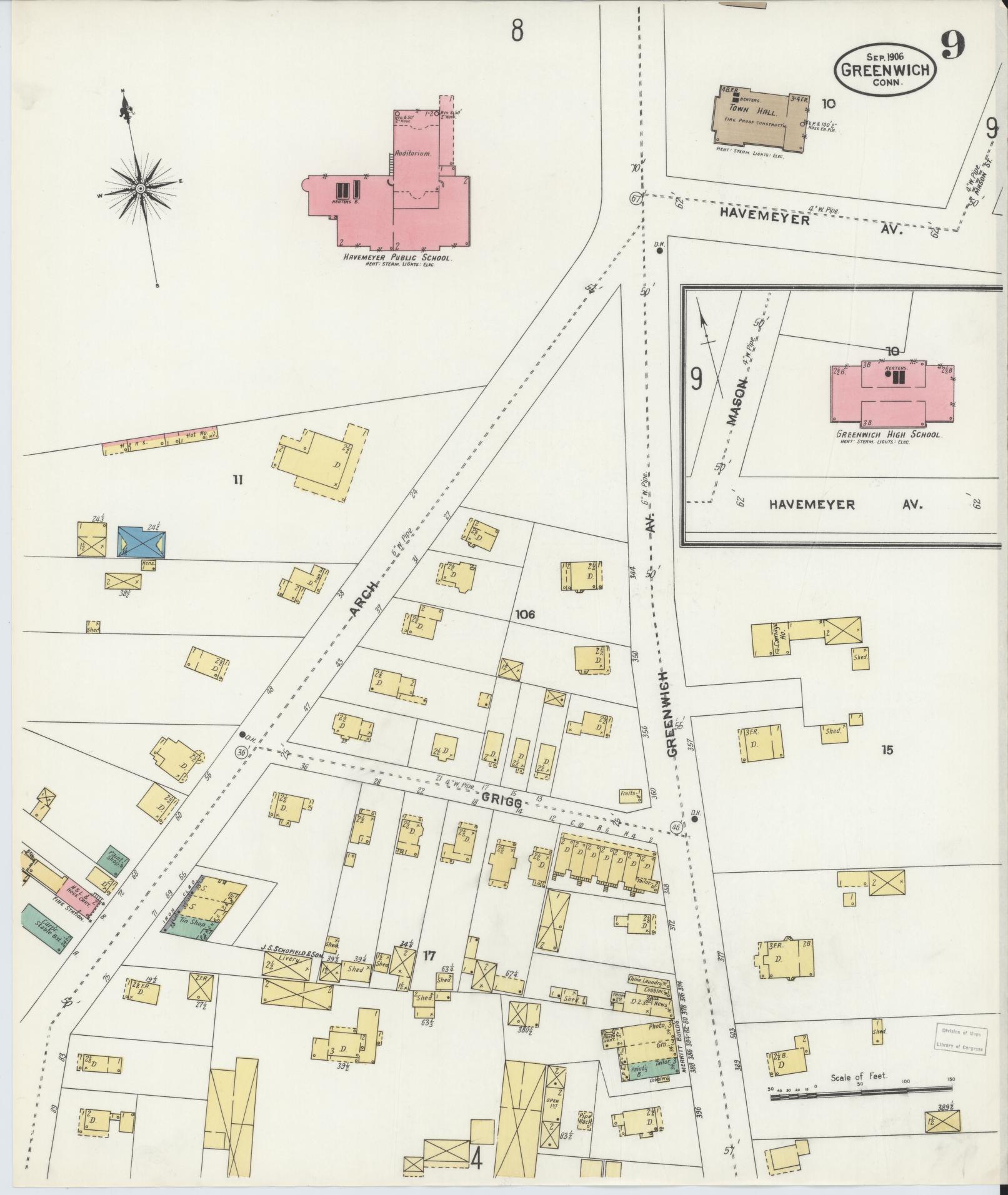 Sanborn Fire Insurance Map from Greenwich, Fairfield County, Connecticut (1906), Sheet #0009 - Complete Map Set gallery image, historic Sanborn map, vintage wall art, Connecticut Connecticut