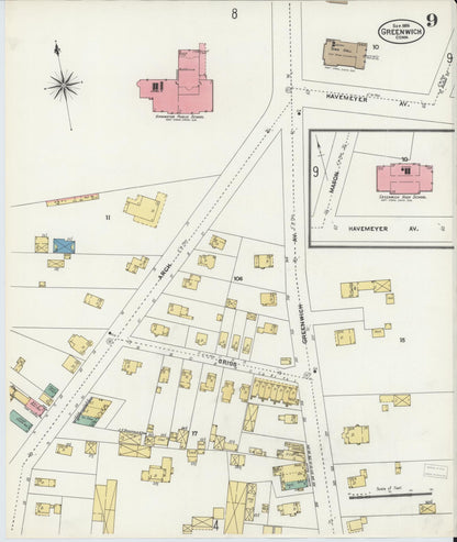 Sanborn Fire Insurance Map from Greenwich, Fairfield County, Connecticut (1906), Sheet #0009 - Complete Map Set gallery image, historic Sanborn map, vintage wall art, Connecticut Connecticut