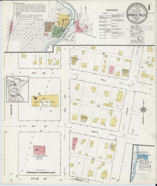 Sanborn Fire Insurance Map from Granite Falls, Yellow Medicine And Chippewa Counties, Minnesota (1917), Sheet #0001 - Complete Map Set gallery image, historic Sanborn map, vintage wall art, Minnesota Minnesota