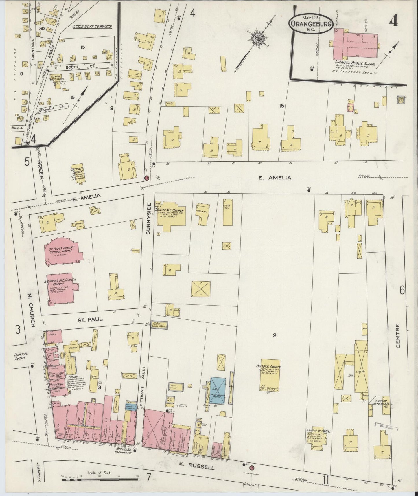 Sanborn Fire Insurance Map from Orangeburg, Orangeburg County, South Carolina (1915), Sheet #0004 - Historic Sanborn Fire Insurance Map Print, vintage old map wall art, antique decor, genealogy gift, South Carolina South Carolina map