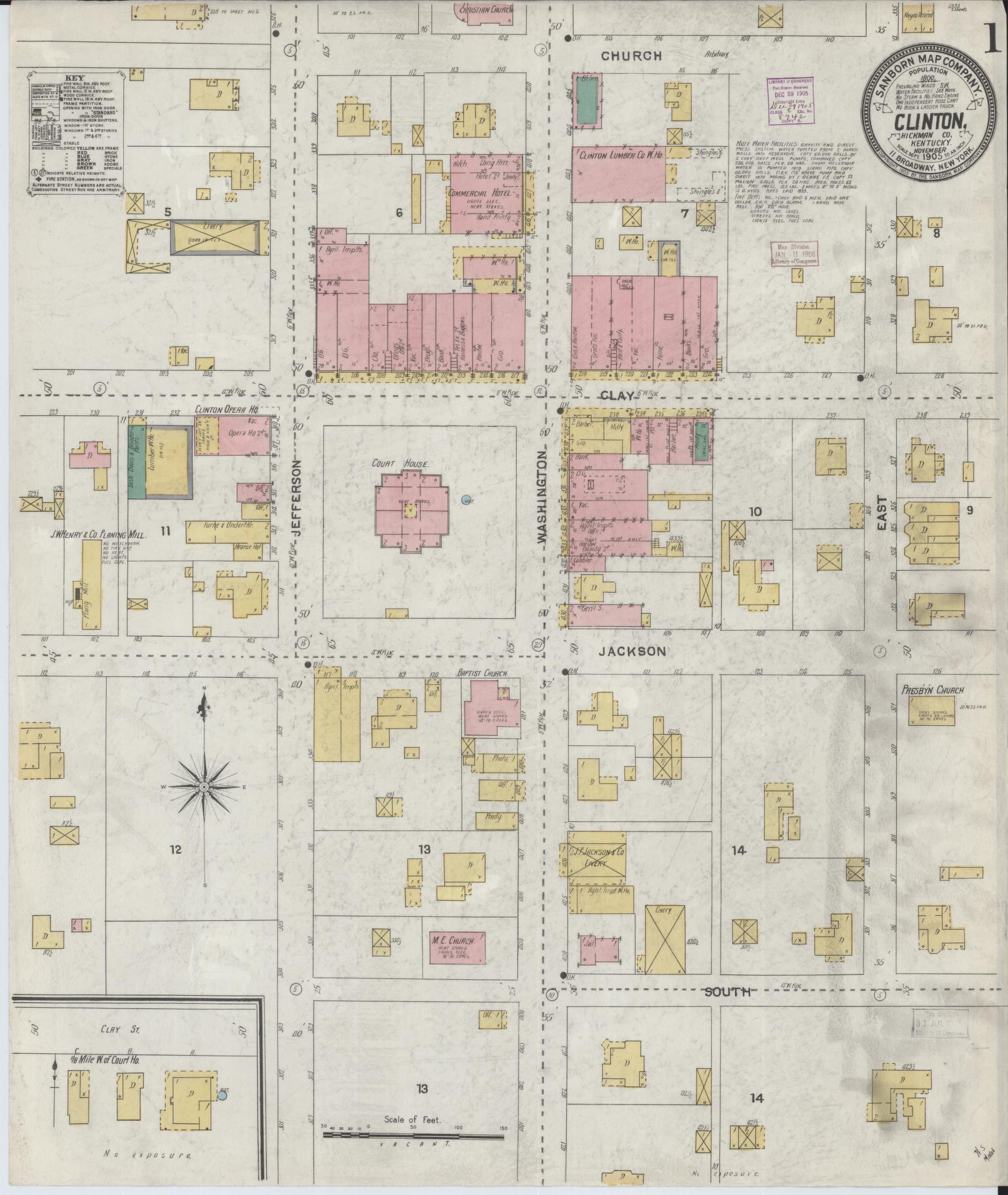 Sanborn Fire Insurance Map from Clinton, Hickman County, Kentucky (1905), Sheet #0001 - Complete Map Set gallery image, historic Sanborn map, vintage wall art, Kentucky Kentucky