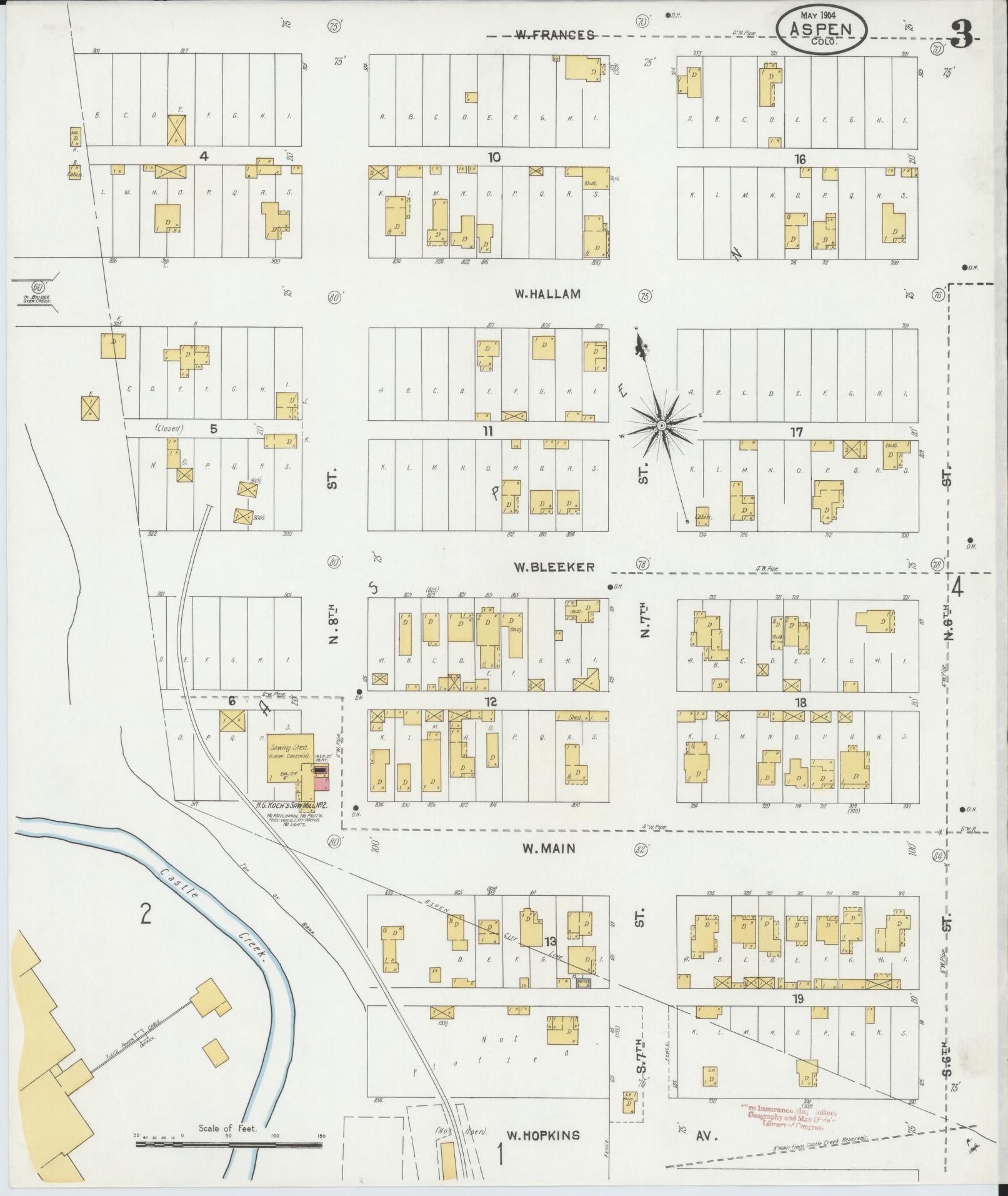 Sanborn Fire Insurance Map from Aspen, Pitkin County, Colorado (1904), Sheet #0003 - Historic Sanborn Fire Insurance Map Print, vintage old map wall art, antique decor, genealogy gift, Colorado Colorado map