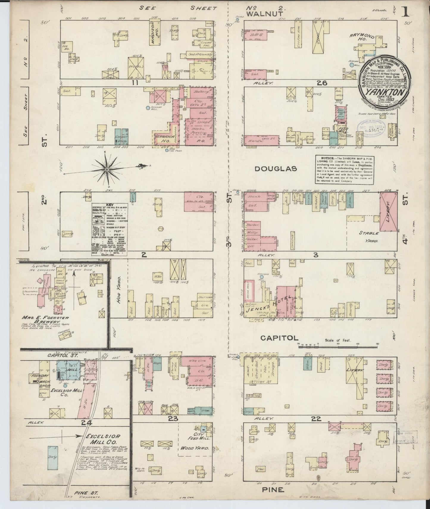 Sanborn Fire Insurance Map from Yankton, Yankton County, South Dakota (1883), Sheet #0001 - Historic Sanborn Fire Insurance Map Print, vintage old map wall art, antique decor, genealogy gift, South Dakota South Dakota map