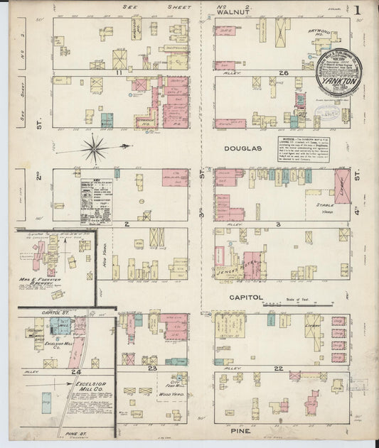 Sanborn Fire Insurance Map from Yankton, Yankton County, South Dakota (1883), Sheet #0001 - Historic Sanborn Fire Insurance Map Print, vintage old map wall art, antique decor, genealogy gift, South Dakota South Dakota map