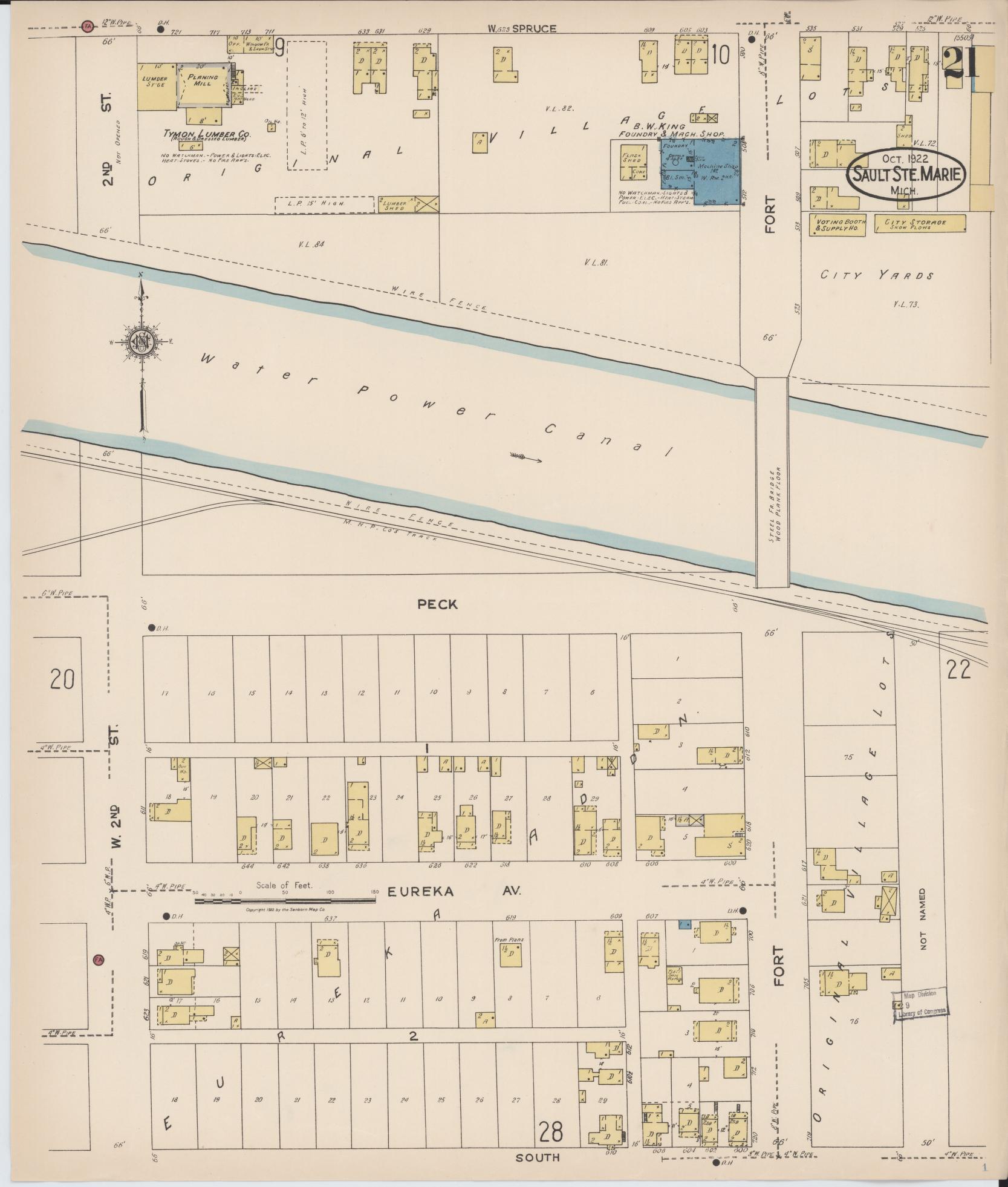 Sanborn Fire Insurance Map from Sault Sainte Marie, Chippewa County, Michigan (1922), Sheet #0021 - Complete Map Set gallery image, historic Sanborn map, vintage wall art, Michigan Michigan