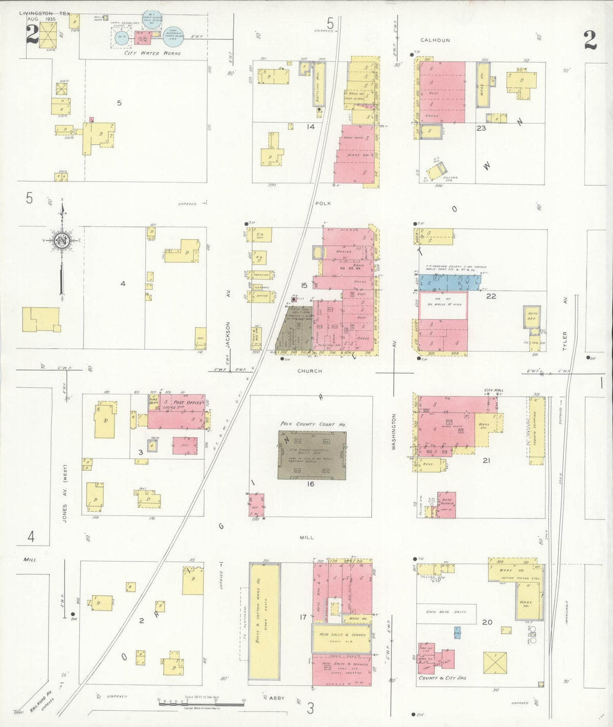 Sanborn Fire Insurance Map from Livingston, Polk County, Texas (1935), Sheet #0002 - Complete Map Set gallery image, historic Sanborn map, vintage wall art, Texas Texas