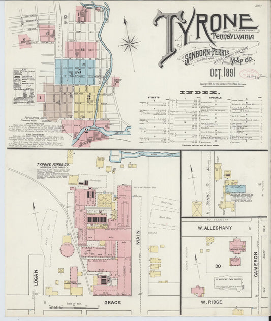 Sanborn Fire Insurance Map from Tyrone, Blair County, Pennsylvania (1891), Sheet #0001 - Historic Sanborn Fire Insurance Map Print, vintage old map wall art, antique decor, genealogy gift, Pennsylvania Pennsylvania map
