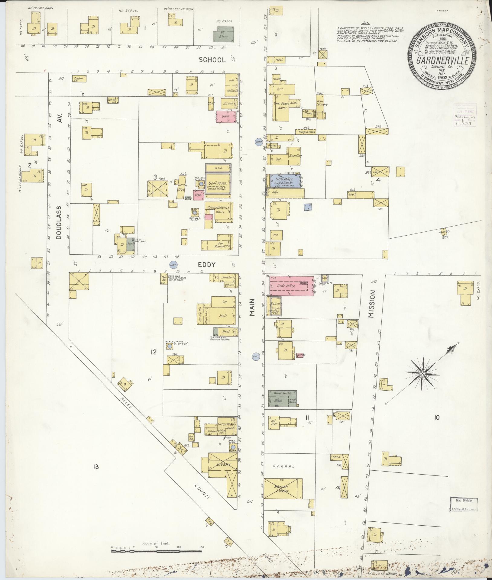Sanborn Fire Insurance Map from Gardnerville, Douglas County, Nevada (1907), Sheet #0001 - Historic Sanborn Fire Insurance Map Print, vintage old map wall art, antique decor, genealogy gift, Nevada Nevada map